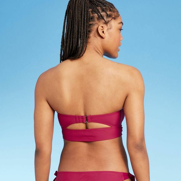 Women's Shade & Shore Long Line Front Tie Bandeau Bikini Top, Berry Medium 820 - Picture 2 of 9